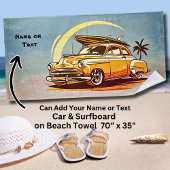 Name, Old Car with Surfboard & Palm Tree ビーチタオル