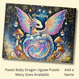 Name, Pastel Baby Dragon Pink Blue on Dark ジグソーパズル