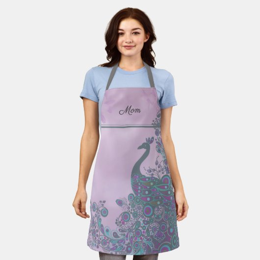 Name, Purple and Teal Decorative Peacock Pattern エプロン (着用した状態)