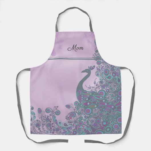 Name, Purple and Teal Decorative Peacock Pattern エプロン (正面)