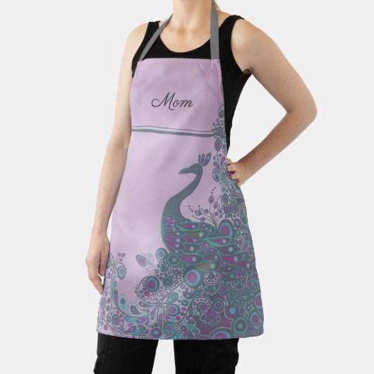 Name, Purple and Teal Decorative Peacock Pattern エプロン (インサイチュ)