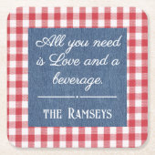 Name Quote. Red & White Check, Blue Denim Print スクエアペーパーコースター (正面)