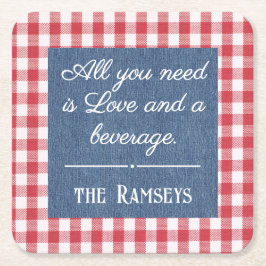 Name Quote. Red & White Check, Blue Denim Print スクエアペーパーコースター