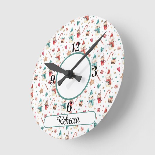 Name, Snowman Hearts Candy Pattern 8-in Acrylic ラウンド壁時計 (傾斜)