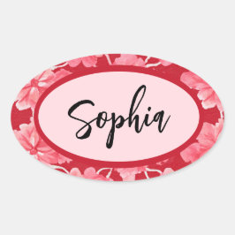 Name Sticker Personalized Pink Floral 楕円形シール