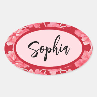 Name Sticker Personalized Pink Floral 楕円形シール