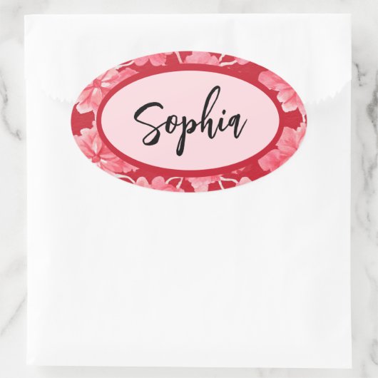 Name Sticker Personalized Pink Floral 楕円形シール (バッグ)