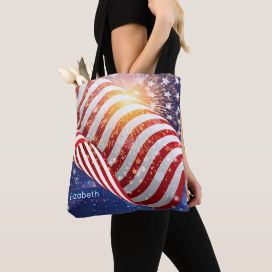 Name, Vibrant Waving Flag and Fireworks Shoulder トートバッグ (クローズアップ)