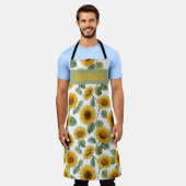 Name Watercolor Sunflower Floral Pattern Custom エプロン (着用した状態)