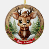 Name Whimsical Reindeer Rustic Holiday Tree 🦌🎄 セラミックオーナメント (正面)