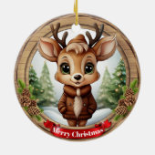 Name Whimsical Reindeer Rustic Holiday Tree 🦌🎄 セラミックオーナメント (裏面)