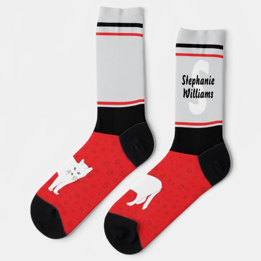 Name with Monogram Striped White Cat Crew Socks ソックス (左)