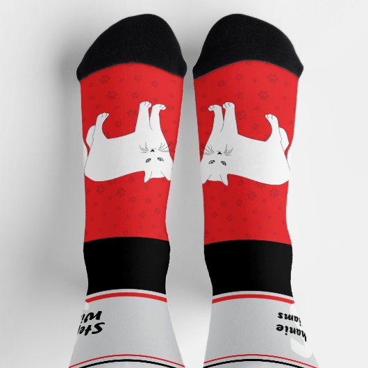 Name with Monogram Striped White Cat Crew Socks ソックス (上部)