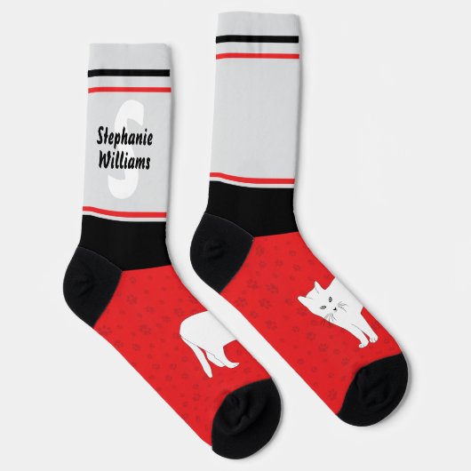 Name with Monogram Striped White Cat Crew Socks ソックス (右)