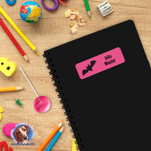 Namensaufkleber eckig - Fledermaus pink schwarz ラベル