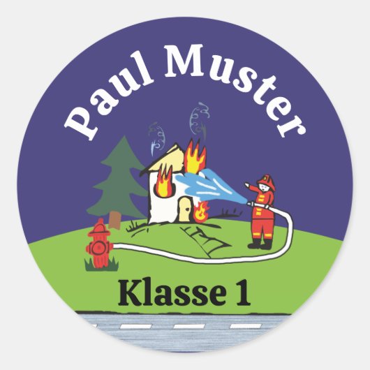 Namensaufkleber - Feuerwehr löscht Brand - Nacht ラウンドシール (正面)