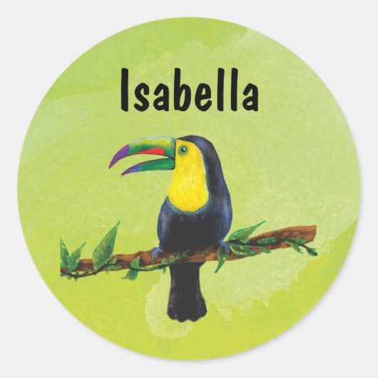 Namensaufkleber grün - Tucan Aquarell-Design ラウンドシール (正面)