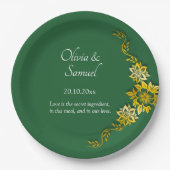 Names Date Message Emerald Green & Gold 9" ペーパープレート (正面)