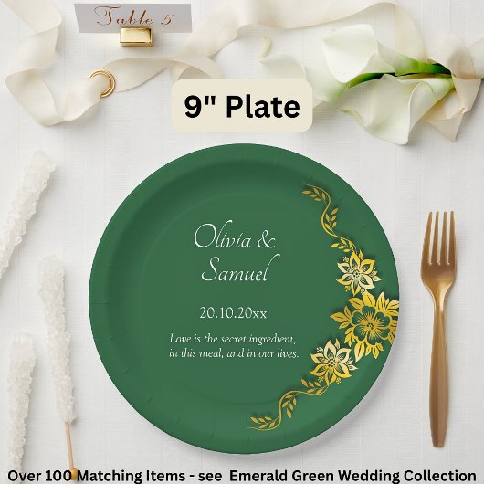 Names Date Message Emerald Green & Gold 9" ペーパープレート