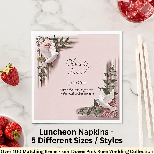 Names Date Message Pink Roses & Doves Luncheon スタンダードランチョンナプキン