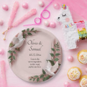 Names Date Message Pink Roses & Doves Wedding 9" ペーパープレート (パーティー)