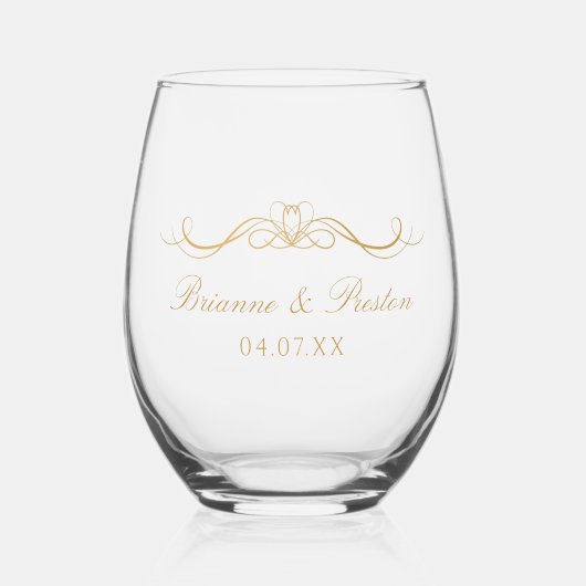 Names Date Modern Elegant Gold Script Wedding Gift ステムなしワイングラス (正面)