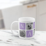 NANA祖母フォトコラージュマグ |バイオレット コーヒーマグカップ<br><div class="desc">こカスタマイズの可愛いマモダングのデザインは祝、この母の日、クリスマスまたは誕生日におばあちゃんを愛する！デザインは、写真の交互の正方形とセリフレタリングの"NANA"のスペルを示す蘭の紫の文字ブロックモダンと、最後の正方形に白いハートを備えている。提供されたお気に入りのテンプレートを使用して、あなたの正方形の写真の5つ（Instagramに最適！）を追加。</div>
