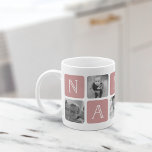 NANA祖母フォトコラージュマグ |バラ コーヒーマグカップ<br><div class="desc">こカスタマイズの可愛いマモダングのデザインは祝、この母の日、クリスマスまたは誕生日におばあちゃんを愛する！デザインはバラの交互の正方形とセリフレタリングの"NANA"のスペルを綴る埃っぽい写真のピンク文字ブロックモダンと、最後の正方形に白いハートを備えている。提供されたお気に入りのテンプレートを使用して、あなたの正方形の写真の5つ（Instagramに最適！）を追加。</div>