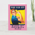 Nana 90誕生日とRosie the Riveter カード<br><div class="desc">ヴィンテージはRiveterのポスターの画像をロージーこのハッ飾ピー90th誕生日カードのカバーは、おばあちゃん。ピンクの枠。ポスターの青、赤、黄色の原色スキーム。カスタマイズ好きなように内の詩。アート、イメージ、詩の著作権© Shoaff Ballanger Studios,  2023.</div>