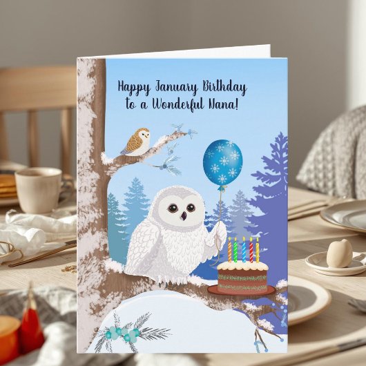 Nana Happy January Birthday Snowy Owl カード