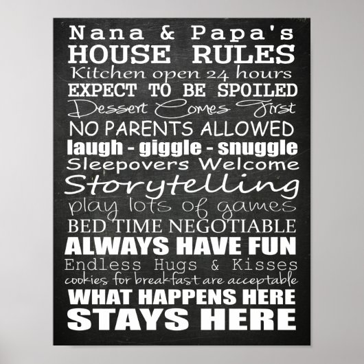 Nana & Papa's House Rules Chalkboardポスター ポスター (正面)