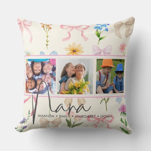 Nana Three photo pink bow Text script overlay クッション (正面)