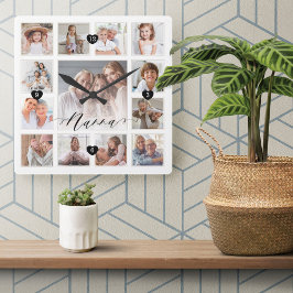 Nannaスクリプトファミリーメモリーフォトグリッドコラージュ スクエア壁時計