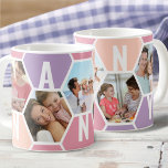 Nanny 5写真編集可能5文字ハニカム コーヒーマグカップ<br><div class="desc">ハニカムコーヒーマパーソナライズされたグ、5枚の写真とお気に入りのNANNYなどの5文字の名前で印刷。このデザインは、薄紫ピンクと桃の夏のソルベットカラーパレットにハニカムのフォトコラージュを備えている。色もしを変更したい場合はクリックカスタマイズクリック"更に"と六角形を変更したい場合。</div>