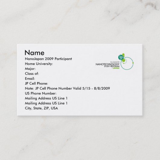 NanoJapanの名刺 コーリングカード (正面)