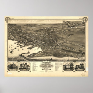 Nantucketのビーチの固まり。 1881旧式なパノラマ式の地図 ポスター
