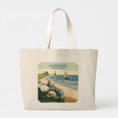 Nantucket Beach Hydrangeas Lighthouse Boat Retro ラージトートバッグ (裏面)