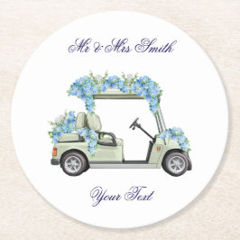  Nantucket Blue Floral Golf Cart Wedding  ラウンドペーパーコースター