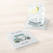  Nantucket Blue Floral Golf Cart Wedding Coaster. ガラスコースター (アングル)