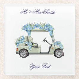  Nantucket Blue Floral Golf Cart Wedding Coaster. ガラスコースター