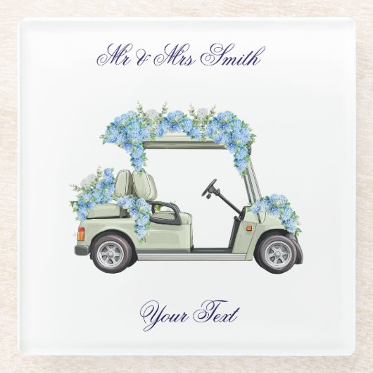  Nantucket Blue Floral Golf Cart Wedding Coaster. ガラスコースター (正面)