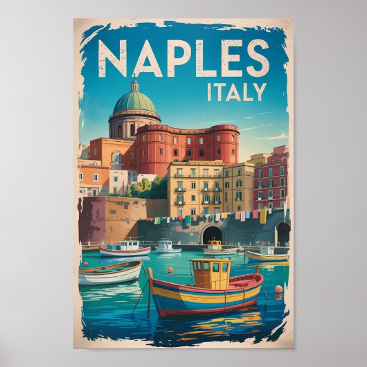 Naples Bay Italy Illustration Travel Art Vintage ポスター (正面)