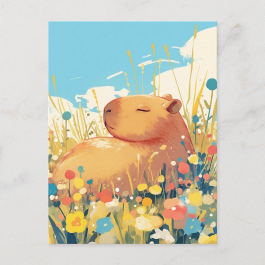 Napping Capybara in Summer Wildflower Meadow ポストカード (正面)