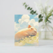 Napping Capybara in Sunny Green Meadow with Clouds ポストカード (スタンド正面)
