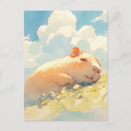 Napping Capybara in Sunny Green Meadow with Clouds ポストカード (正面)
