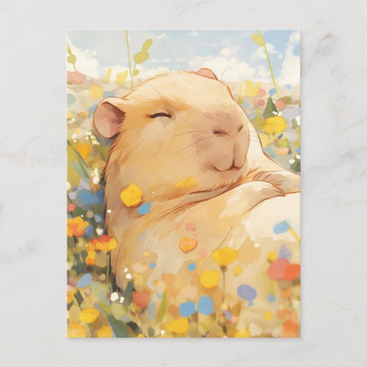 Napping Capybara in Sunny Wildflower Meadow ポストカード (正面)
