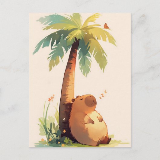 Napping Capybara Under Tropical Palm Tree ポストカード (正面)