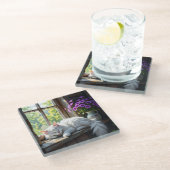 Napping White Cat and Purple Flowers  ガラスコースター (アングル)