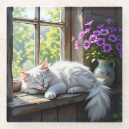 Napping White Cat and Purple Flowers  ガラスコースター
