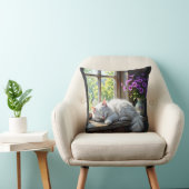 Napping White Cat and Purple Flowers  クッション (椅子)